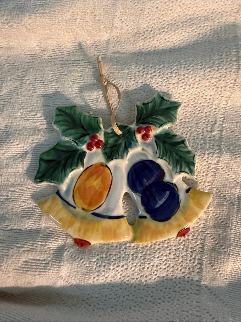 Gail Pittman Hand Painted Holiday Ceramic Bell Ornament Green, Yellow and Blue